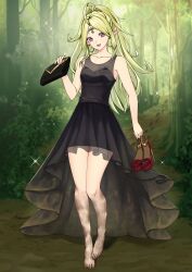 Rule 34 | 1girl, absurdres, aged up, alternate costume, bag, bare shoulders, black dress, blonde hair, breasts, circlet, commission, dirty, dirty clothes, dirty feet, dress, fire emblem, fire emblem awakening, forest, handbag, high heels, highres, holdiho, holding, holding sandals, holding shoes, mari48240422, mud, nature, nintendo, nowi (fire emblem), parted bangs, pointy ears, red footwear, second-party source, shoes, small breasts, stiletto heels