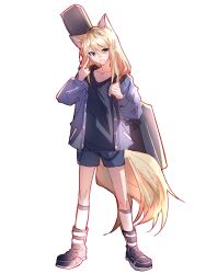 Rule 34 | 1girl, animal ears, black footwear, black shirt, blonde hair, blue jacket, blue shorts, commentary, dog ears, dog girl, dog tail, girls band cry, grey eyes, guitar case, hashtag-only commentary, hibioes, highres, instrument case, instrument on back, jacket, kawaragi momoka, kemonomimi mode, long hair, long sleeves, looking at viewer, open clothes, open jacket, shirt, shorts, simple background, socks, solo, tail, tongue, tongue out, white background, white socks