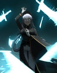 Rule 34 | 1girl, absurdres, black coat, blind, coat, commentary, energy sword, english commentary, feet out of frame, floating, floating object, floating weapon, gloves, glowing, glowing eyes, grey gloves, grey hair, grey pants, hat, highres, long hair, long sleeves, looking at viewer, ofelia (gogalking), original, pants, parted lips, rusellunt, solo, sword, tears, weapon