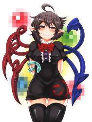 Rule 34 | 1girl, ahoge, arms behind back, asymmetrical wings, black hair, black thighhighs, bow, censored, collar, frilled collar, frills, gradient background, houjuu nue, looking at viewer, mosaic censoring, mosaic pattern, pointy ears, red bow, red eyes, sato (hekiga ni nemuru), short hair, short sleeves, smile, snake, solo, thighhighs, touhou, wings, zettai ryouiki
