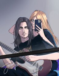 Rule 34 | 1boy, 1girl, alternate costume, black nails, black shirt, blonde hair, blue eyes, character name, closed mouth, commentary, electric guitar, eren yeager, facial hair, goatee stubble, guitar, highres, holding, holding instrument, instrument, jewelry, krista lenz, long hair, medium hair, mustache stubble, nail polish, one eye covered, ring, selfie, shingeki no kyojin, shirt, short sleeves, stubble, taking picture, viii0 8