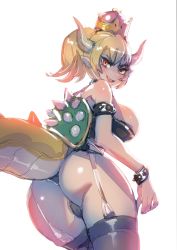 Rule 34 | 1girl, ass, bare shoulders, blonde hair, blue eyes, bow (bhp), bowsette, bracelet, breasts, collar, crown, dragon tail, garter belt, hip focus, horns, jewelry, large breasts, mario (series), new super mario bros. u deluxe, nintendo, ponytail, solo, spiked bracelet, spiked collar, spikes, super crown, tail, thick thighs, thighhighs, thighs, turtle shell, wide hips