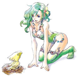 Rule 34 | 1990s (style), 1girl, ass, bare shoulders, boots, breasts, chicobo, chocobo, cleavage, earrings, final fantasy, final fantasy iv, green footwear, green hair, high heel boots, high heels, jewelry, kneeling, leotard, medium breasts, necklace, open mouth, purple eyes, rydia (ff4), smile, solo, thigh boots, thighhighs