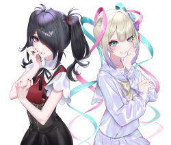 Rule 34 | 2girls, ame-chan (needy girl overdose), biting, black eyes, black hair, black nails, black ribbon, blue eyes, blue hair, blue nails, blush, bow, chouzetsusaikawa tenshi-chan, dual persona, hair bow, hair ornament, hair over one eye, highres, looking at viewer, multicolored hair, multicolored nails, multiple girls, multiple hair bows, nail biting, nail polish, neck ribbon, needy girl overdose, open mouth, pink hair, pink nails, pleated skirt, puchiman, red nails, ribbon, sailor collar, scar, scar on arm, school uniform, serafuku, silver hair, simple background, skirt, smile, suspender skirt, suspenders, teeth, twintails, upper body, white background, x hair ornament, yellow bow