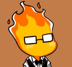 Rule 34 | 1boy, bad id, bad pixiv id, blush, bow, bowtie, brown background, fire, glasses, grillby, gyate gyate, lowres, male focus, portrait, simple background, solo, undertale, upper body, vest, yaruky