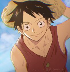 Rule 34 | 1boy, bad id, bad twitter id, black hair, blue sky, buttons, close-up, commentary, commentary request, hand on headwear, hat, looking at viewer, male focus, monkey d. luffy, one piece, potechi norisio, red shirt, shirt, short hair, sky, sleeveless, sleeveless shirt, smile, solo, spiked hair, straw hat, upper body