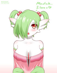 Rule 34 | 1girl, absurdres, akatori (redbird), artist name, bare shoulders, blush, breasts, chestnut mouth, collarbone, colored skin, creatures (company), dated, english text, female focus, game freak, gardevoir, gen 3 pokemon, green hair, green skin, hair bobbles, hair ornament, hair over one eye, hands up, heart, highres, large breasts, looking at viewer, multicolored skin, nintendo, off shoulder, open mouth, pokemon, pokemon (creature), red eyes, shiny skin, short hair, short twintails, simple background, solo, spoken heart, talking, teeth, twintails, twitter username, two-tone skin, upper body, watermark, white background, white skin