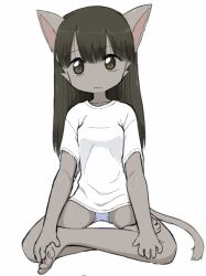 Rule 34 | 3yo4yo5yo, animal ears, barefoot, black hair, body fur, breasts, cat ears, cat girl, cat tail, closed mouth, feet, furry, furry female, grey fur, highres, looking at viewer, lotus position, no nose, no pants, original, panties, shirt, simple background, sitting, small breasts, t-shirt, tail, toes, underwear, white background, white shirt