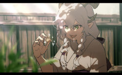 Rule 34 | 1girl, :d, animal, blurry, blurry background, blurry foreground, braid, brown nails, commentary request, curled horns, depth of field, drooling, fence, green eyes, grey hair, grey kimono, hair between eyes, hand up, highres, holding, holding animal, horns, japanese clothes, kimono, letterboxed, long hair, nail polish, obi, open mouth, ori (momonimo), original, pointy ears, saliva, sash, short sleeves, smile, snail, solo, twin braids, upper body, v-shaped eyebrows, wide sleeves