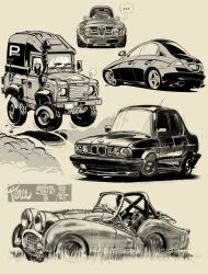 Rule 34 | ..., alfa romeo, alfa romeo giulia, bmw, bmw m5, brown background, car, chibi, commentary, convertible, dust, english commentary, highres, land rover, mercedes-benz, mercedes-benz cls, motor vehicle, no humans, original, sepia, sports utility vehicle, thought bubble, triumph (car), triumph tr3, vehicle focus, vehicle name, will pierce