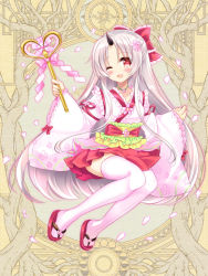 Rule 34 | 1girl, ;d, blush, bow, dairoku ryouhei, frilled bow, frills, full body, grey hair, hair bow, heart, holding, horns, japanese clothes, kimono, long hair, long sleeves, looking at viewer, obi, official art, one eye closed, open mouth, parted bangs, petals, pink kimono, pink thighhighs, pleated skirt, red bow, red eyes, red footwear, red skirt, sandals, sash, shide, shikito (yawa0w0), single horn, skirt, sleeves past wrists, smile, solo, thighhighs, very long hair, wide sleeves, zouri