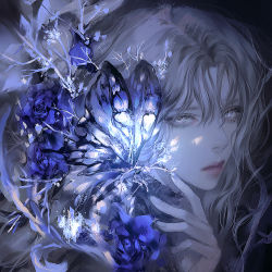 Rule 34 | 1girl, black background, blonde hair, blue butterfly, blue flower, blue rose, blue theme, branch, bug, butterfly, closed mouth, duplicate, eyelashes, flower, grey eyes, hair between eyes, haji (h0aj1), hand up, highres, insect, long eyelashes, long hair, messy hair, original, pixel-perfect duplicate, portrait, rose, solo