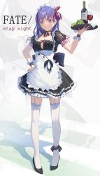 Rule 34 | 1girl, alternate costume, apron, black dress, black footwear, bottle, breasts, cup, dress, drinking glass, enmaided, fate/stay night, fate (series), food, frilled apron, frilled dress, frills, fruit, full body, garter straps, grapes, hair ribbon, high heels, highres, holding, holding tray, long hair, maid, maid apron, maid headdress, matou sakura, medium breasts, puffy short sleeves, puffy sleeves, purple eyes, purple hair, red ribbon, ribbon, short dress, short sleeves, solo, standing, thighhighs, tray, white apron, white thighhighs, wine bottle, wine glass, wrist cuffs, yeh (354162698)