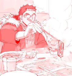 Rule 34 | 1boy, bara, chopsticks, coat, cup, eating, food, glasses, male focus, meat, monochrome, motoori shiro, red theme, short hair, sitting, sketch, solo, steam, thick eyebrows, tokyo houkago summoners, tyou, upper body, winter clothes