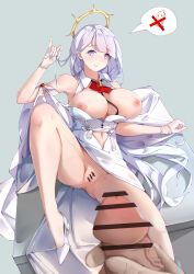 Rule 34 | 1boy, 1girl, absurdres, anus, arm rest, azur lane, bar censor, bare shoulders, between breasts, breasts, breasts out, censored, cleft of venus, collar, commentary request, dress, flower in eye, gloves, halo, high heels, highres, iridescent, large breasts, light purple hair, long hair, looking at viewer, navel, nipples, penis, pinky out, plymouth (azur lane), pov, pov crotch, pov hands, purple eyes, pussy, red ribbon, ribbon, shoes, smile, speech bubble, strap between breasts, symbol in eye, tareme, whatwine, white background, white collar, white dress