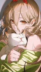 Rule 34 | 1girl, animal, blonde hair, cat, chainsaw man, closed mouth, cross-shaped pupils, dal li 0130, demon girl, demon horns, green shirt, hair between eyes, highres, holding, holding animal, holding cat, horns, long hair, long sleeves, looking at viewer, meowy (chainsaw man), power (chainsaw man), red horns, shirt, sleeves past wrists, solo, symbol-shaped pupils, twitter username, upper body, yellow eyes