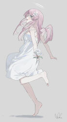Rule 34 | 1girl, absurdres, bang dream!, bang dream! it&#039;s mygo!!!!!, barefoot, chihaya anon, dress, flower, from side, full body, grey background, grey eyes, hair flower, hair ornament, halo, highres, holding, holding flower, leg up, lily (flower), long hair, looking at viewer, parted lips, pink hair, profile, qtian, shadow, sideways glance, signature, simple background, sleeveless, sleeveless dress, solo, strap slip, teeth, tiptoes, upper teeth only, white dress, white flower