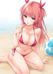 Rule 34 | 1girl, ball, bare arms, bare legs, bare shoulders, barefoot, beach, beachball, bikini, breasts, cleavage, collarbone, commentary request, hair ribbon, halterneck, highres, large breasts, long hair, looking at viewer, navel, original, pink eyes, pink hair, red bikini, red ribbon, ribbon, side-tie bikini bottom, sideboob, sitting, solo, string bikini, swimsuit, wing (aiastor)