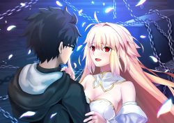Rule 34 | 1boy, 1girl, arcueid brunestud, blonde hair, blush, breasts, chain, cleavage, couple, finger to mouth, glasses, harukey, highres, open mouth, red eyes, tohno shiki, tsukihime