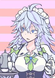 Rule 34 | 1girl, absurdres, ahoge, blue dress, blue eyes, bow, braid, chain, colored eyelashes, dress, flat color, gloves, green bow, green necktie, grey hair, hair bow, highres, holding, holding pocket watch, holding tray, izayoi sakuya, looking to the side, maid headdress, medium hair, morino hon, necktie, orange background, pink background, pocket watch, solo, spiked hair, striped, striped background, teapot, touhou, tray, twin braids, uneven eyes, watch, white gloves, wing collar