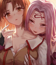 Rule 34 | 2girls, bite mark, bite mark on neck, blood sucking, blush, breasts, brown hair, choker, cleavage, collarbone, facial mark, fate/stay night, fate (series), forehead, forehead mark, grabbing, grabbing another&#039;s breast, grabbing from behind, highres, homurahara academy school uniform, looking at another, medium breasts, medusa (fate), medusa (rider) (fate), mitsuzuri ayako, multiple girls, neck ribbon, parted bangs, purple choker, purple hair, school uniform, smile, tesin (7aehyun), tongue, tongue out, undone neck ribbon, yuri