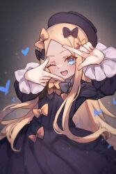 Rule 34 | 1girl, abigail williams (fate), black bow, black dress, black hat, blonde hair, blue eyes, bow, breasts, dress, fate/grand order, fate (series), forehead, hair bow, hat, highres, long hair, long sleeves, looking at viewer, miya (miyaruta), multiple hair bows, one eye closed, open mouth, orange bow, parted bangs, ribbed dress, small breasts, smile, solo