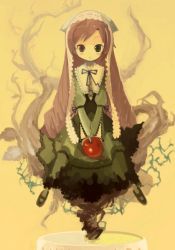 Rule 34 | 00s, 1girl, apple, brown hair, dress, drill hair, duplicate, flat chest, food, frills, fruit, green dress, green eyes, hat, heterochromia, hiruma andon, ke1rou, lolita fashion, long hair, long sleeves, red eyes, ribbon, rozen maiden, shoes, simple background, sitting, solo, suiseiseki, twin drills, twintails, very long hair, yellow background