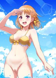 Rule 34 | 1girl, :d, antenna hair, bare arms, bikini, bikini top only, blue sky, blush, bottomless, bow, bow bikini, braid, breasts, cleavage, cleft of venus, cloud, collarbone, frill trim, frills, hair bow, halterneck, hand over eye, highres, in water, looking at viewer, love live!, love live! sunshine!!, medium breasts, medium hair, nail polish, navel, nude filter, open mouth, orange hair, outdoors, parted bangs, pussy, qy73, red eyes, sky, sleeveless, smile, solo, sunlight, swimsuit, takami chika, teeth, third-party edit, uncensored, upper teeth only, water, water drop, yellow bikini, yellow bow