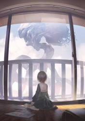 Rule 34 | 1girl, backpack, bag, brown bag, brown hair, building, child, cloud, cloudy sky, drawing, eldritch abomination, indoors, mogumo, monster, no shoes, original, paper, pencil skirt, scenery, school uniform, short hair, sitting, size difference, skirt, sky, tentacles, thighhighs, uniform, wariza, white thighhighs, wooden floor