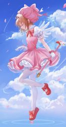Rule 34 | 1girl, absurdres, antenna hair, bow, bowtie, brown hair, cardcaptor sakura, closed eyes, closed mouth, cloud, day, dress, from side, glove bow, gloves, green eyes, highres, holding, holding staff, kinomoto sakura, leg up, magical girl, pantyhose, petals, pink dress, pink headwear, puffy short sleeves, puffy sleeves, red bow, red bowtie, red footwear, shoes, short hair, short sleeves, smile, solo, staff, tokkyu, white gloves, white pantyhose, wings