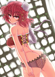 Rule 34 | 1girl, ass, back, bandages, bra, breasts, bun cover, butt crack, double bun, female focus, hair bun, ibaraki kasen, lace, lace panties, large breasts, looking at viewer, looking back, painting (medium), panties, purple panties, red bra, red eyes, red hair, see-through, solo, touhou, traditional media, underboob, undersized clothes, underwear, underwear only, wakura (gcdan), watercolor (medium)