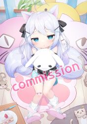 Rule 34 | 1girl, :o, ^^^, ahoge, animal, animal ears, animal slippers, black bow, black shirt, blue eyes, blue shorts, blush, bow, bunny slippers, cat, commentary request, commission, grey hair, hair bow, hair ornament, hairclip, highres, hugging object, indoors, long hair, long sleeves, looking at viewer, loose socks, off shoulder, original, parted lips, pink footwear, puffy long sleeves, puffy sleeves, shirt, shoe soles, short shorts, shorts, sitting, sleeves past wrists, slippers, socks, solo, stuffed animal, stuffed rabbit, stuffed toy, tail, tsukiman, two side up, very long hair, watermark, white socks