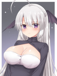Rule 34 | 1girl, ahoge, ayachi nene, blush, breasts, buttons, check commentary, cleavage, closed mouth, commentary request, eyebrows, hair between eyes, hair ornament, halloween costume, highres, large breasts, long hair, looking at viewer, purple eyes, sanoba witch, silver hair, smile, solo, upper body, very long hair, yuunagi (yunagi1373)
