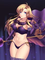 Rule 34 | 1girl, artist name, asymmetrical bangs, blonde hair, blue eyes, brandish, breasts, cape, cleavage, closed mouth, curtained hair, dela delon, elbow gloves, eyelashes, fur-trimmed gloves, fur trim, gloves, highleg, highres, holding, holding staff, large breasts, long hair, navel, purple cape, purple gloves, rerecoro, smile, solo, staff, twitter username