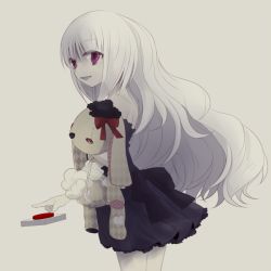 Rule 34 | 1girl, bare shoulders, black dress, chimidoro switch (vocaloid), dark persona, dress, evil smile, evillious nendaiki, grey background, holding, holding stuffed toy, looking at viewer, looking back, mayu (vocaloid), oluha, open mouth, pale skin, patch, pressing, purple eyes, short dress, smile, solo, stuffed animal, stuffed rabbit, stuffed toy, switch, vocaloid, wavy hair, white hair