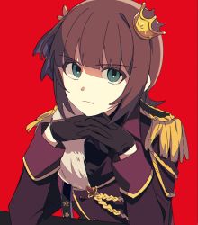 Rule 34 | 1girl, aiguillette, amami haruka, ap bar, brown gloves, brown hair, crown, epaulettes, frown, glaring, gloves, green eyes, hair ribbon, idolmaster, idolmaster (classic), long sleeves, military, military uniform, mini crown, own hands clasped, own hands together, red background, ribbon, short hair, simple background, solo, uniform, upper body
