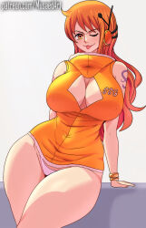 Rule 34 | 1girl, alternate costume, arm support, breasts, cleavage, cleavage cutout, clothing cutout, curvy, highres, hooded leotard, huge breasts, large breasts, leotard, musaed art, nami (one piece), nami (one piece) (egghead), naughty face, official alternate costume, one eye closed, one piece, orange hair, revealing clothes, shoulder tattoo, sleeveless, solo, tattoo, tongue, tongue out, two-tone leotard, white leotard, wide hips, wink