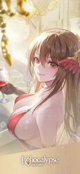 Rule 34 | 1girl, absurdres, alcohol, artist request, black gloves, breasts, brown hair, cleavage, closed mouth, commentary, copyright name, cropped, cup, dress, drinking glass, echocalypse, elbow gloves, english commentary, from side, gloves, hair between eyes, hair ornament, hand up, highres, holding, holding cup, indoors, large breasts, long hair, looking at viewer, official art, red dress, red eyes, second-party source, shiyu (echocalypse), sideboob, smile, solo, stairs, upper body, wine, wine glass