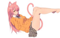 Rule 34 | 1girl, animal ear fluff, animal ears, bare legs, between legs, bow, bowtie, braid, breasts, candy, cardigan, cat ears, cat girl, cat tail, copyright request, food, food in mouth, from side, grey bow, grey bowtie, grey skirt, highres, legs, legs up, lollipop, long hair, long sleeves, looking at viewer, looking to the side, lying, medium breasts, miniskirt, on back, orange cardigan, orange eyes, pink hair, plaid, plaid bow, plaid bowtie, plaid neckwear, plaid skirt, simple background, skirt, solo, tail, very long hair, white background, wing collar, xu ni