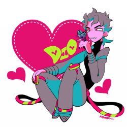 Rule 34 | 1boy, black shirt, bug, butterfly, butterfly on hand, character name, colored skin, deformed, dio brando, fingernails, full body, hand on own knee, heart, insect, jojo no kimyou na bouken, kotorai, limited palette, long sleeves, male focus, no nose, pink skin, red eyes, sharp fingernails, sharp teeth, shirt, short hair, signature, sitting, solo, teeth, white background