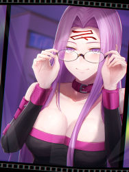 Rule 34 | 1girl, bare shoulders, black dress, blush, breasts, cleavage, collar, detached sleeves, dress, facial mark, fate/stay night, fate (series), forehead, forehead mark, glasses, large breasts, long hair, looking at viewer, medusa (fate), medusa (rider) (fate), minami koyogi, parted bangs, purple eyes, purple hair, sidelocks, smile, solo, square pupils, very long hair