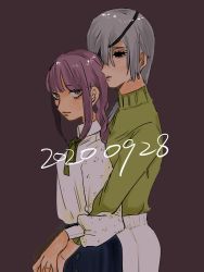 Rule 34 | 1997, 2020, 2girls, alternate costume, alternate hair color, braid, braided ponytail, chainsaw man, collared shirt, couple, dated, expressionless, eyepatch, green sweater, hair over one eye, height difference, holding hands, light smile, long hair, long sleeves, looking at viewer, makima (chainsaw man), multiple girls, napa kom2, pants, purple hair, quanxi (chainsaw man), ringed eyes, shirt, shirt tucked in, silver hair, skirt, smile, sweater, white pants, wife and wife, yellow eyes, yuri