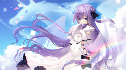 Rule 34 | 1girl, azur lane, blue sky, covered navel, day, dress, elbow gloves, gloves, hair bun, highres, light particles, long dress, long hair, looking at viewer, hugging object, one side up, purple eyes, purple hair, side bun, single side bun, sky, solo, sparkle, standing, stuffed unicorn, unicorn (azur lane), very long hair, weibo watermark, white dress, white gloves, yuxiantailang