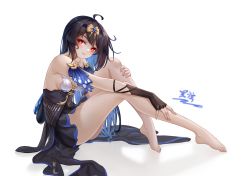 Rule 34 | 1girl, absurdres, barefoot, black hair, blue flower, blue rose, blush, bridal gauntlets, flower, glowing, glowing eyes, highres, honkai (series), honkai impact 3rd, knee to chest, legs, looking at viewer, red eyes, rose, seele (alter ego), seele vollerei, seele vollerei (starchasm nyx), solo, thighs, toe-point, white background, yelan xing xuan