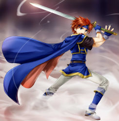 Rule 34 | &gt;:o, 1boy, :o, armor, belt, blue armor, blue eyes, blue gloves, boots, cape, fighting stance, fingerless gloves, fire emblem, fire emblem: the binding blade, fog, gloves, headband, highres, holding, holding sword, holding weapon, male focus, nintendo, open mouth, red hair, roy (fire emblem), shirt, solo, spiked hair, sword, t-shirt, v-shaped eyebrows, weapon, yuino (fancy party)