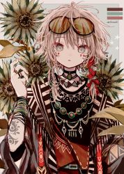 Rule 34 | absurdres, androgynous, azzz (7334080), bracelet, eyewear on head, facial mark, flower, green eyes, highres, jewelry, looking at viewer, nail polish, original, parted lips, pink nails, ring, short hair with long locks, solo, star (symbol), tattoo, twitter username, upper body