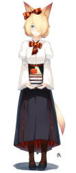 Rule 34 | 1girl, absurdres, animal ears, apple, black footwear, black skirt, blonde hair, blue eyes, book, book stack, bow, brown pantyhose, closed mouth, food, fox ears, fox tail, fruit, full body, hair bow, hair over one eye, head tilt, highres, holding, holding book, juliet sleeves, long skirt, long sleeves, looking at viewer, mary janes, meth (emethmeth), original, pantyhose, pleated skirt, puffy sleeves, red apple, sandwich, shirt, shoes, short hair, signature, skirt, solo, standing, striped, striped bow, tail, white background, white shirt, wide sleeves