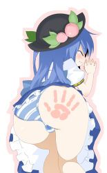 Rule 34 | 1girl, artist request, ass, blue hair, blush, female focus, food, from behind, fruit, handprint, hat, highres, hinanawi tenshi, panties, peach, skirt, slap mark, solo, spanked, striped clothes, striped panties, tears, touhou, underwear, white background