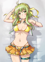 Rule 34 | 10s, 1girl, 2013, belt, bikini, bikini under clothes, blush, bracelet, breasts, cowboy shot, cropped jacket, dated, green eyes, green hair, grey background, gumi, hair ribbon, hand on own head, jacket, jewelry, light smile, looking at viewer, matching hair/eyes, medium breasts, miniskirt, navel, open belt, open clothes, open fly, open jacket, outstretched arms, pleated skirt, ribbon, sameha ikuya, shadow, shiny skin, signature, skirt, smile, solo, spread arms, string bikini, swimsuit, swimsuit under clothes, thigh strap, undressing, unzipped, vocaloid, yellow bikini, yellow ribbon