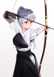 Rule 34 | 1girl, absurdres, archery, arrow (projectile), black hakama, bow (weapon), commentary request, drawing bow, fate/grand order, fate (series), gloves, hair between eyes, hakama, hakama pants, hakama short skirt, hakama skirt, highres, holding, holding arrow, holding bow (weapon), holding weapon, japanese clothes, kimono, kyuudou, long hair, muneate, pants, partially fingerless gloves, partly fingerless gloves, ponytail, red eyes, shadow, short sleeves, silver hair, single glove, skirt, solo, tomoe gozen (fate), vegetablenabe, weapon, white background, white kimono, yugake, yumi (bow)